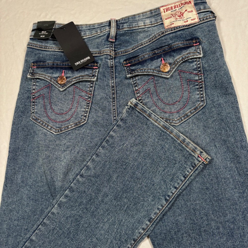 True Religion Billie Straight Jeans Womens 30 Blue Pink Stitch Flap Pocket